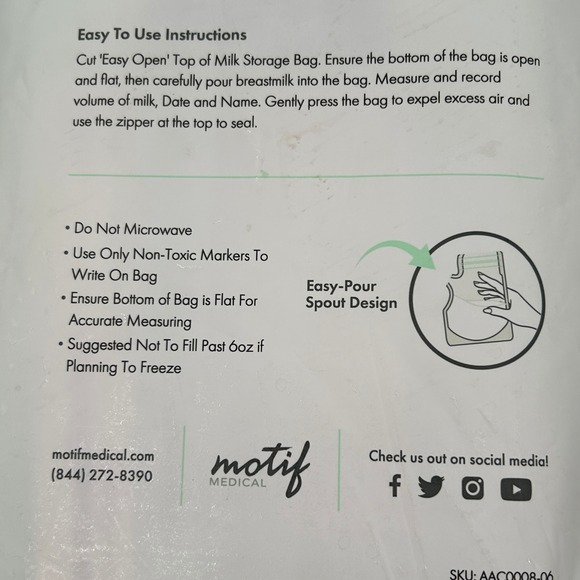 Motif Medical Breastmilk Storage Bags 100 Count 8oz BPA Free Freezer Safe NEW - Picture 8 of 9